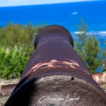 Vue en perspective du fût d'un ancien canon en fonte rouillée pointé vers l'océan bleu à Saint-Leu.