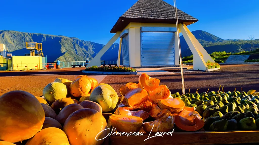 Des kakis oranges et des avocats verts sont empilés sur une table de marché au Belvédère de Bois Court à la Réunion, avec des montagnes en arrière-plan.