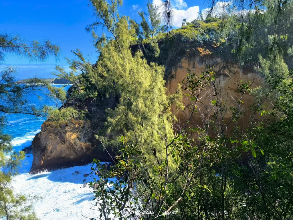 Plan rapproché de la falaise ocre du Cap Jaune à Vincendo bordée par une mer agitée aux vagues écumantes sous un ciel bleu.