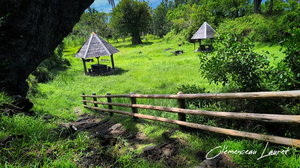 Kiosques de pique-nique en bois installés sur une pelouse verte arborée au Cap Méchant.
