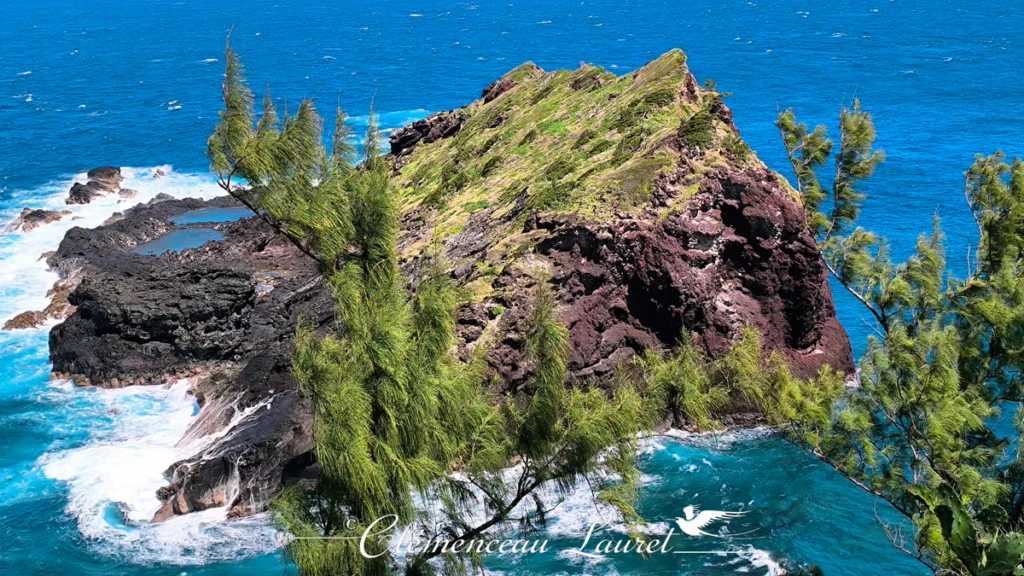 Zoom sur la falaise volcanique et le rocher de Petite Île recouvert de végétation fine sous un ciel bleu.