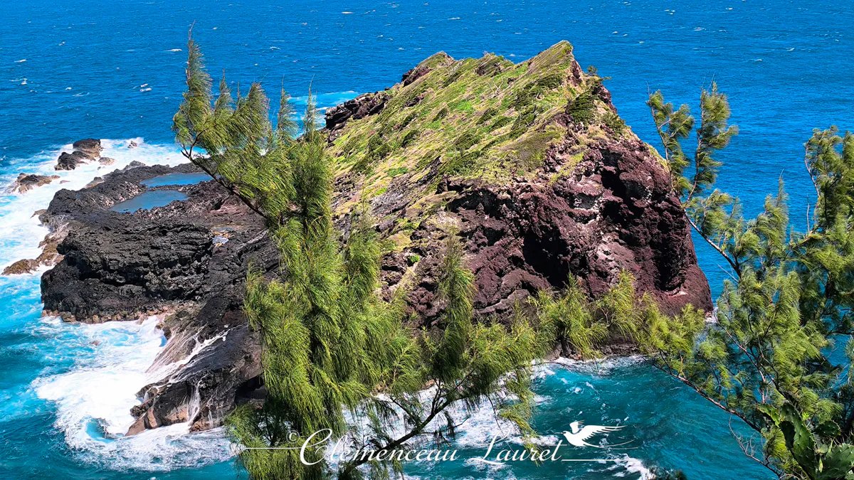 Zoom sur la falaise volcanique et le rocher de Petite Île recouvert de végétation fine sous un ciel bleu.