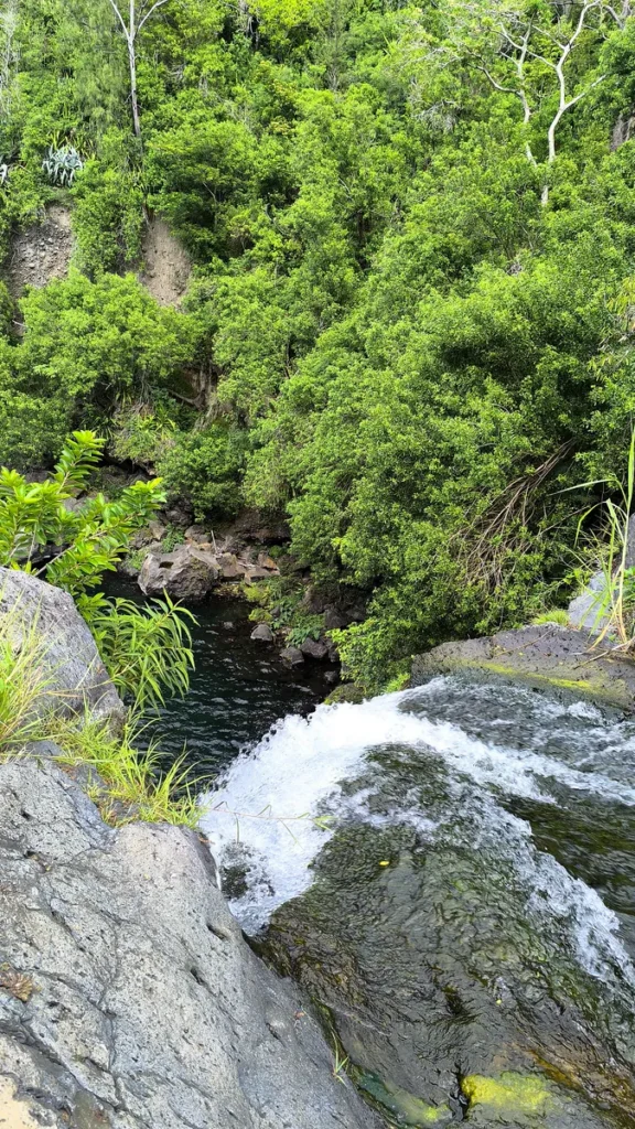 Vue plongeante et rapprochée de l'eau blanche bouillonnante s'écoulant depuis la bordure en basalte de la cascade Jacqueline vers le bassin.