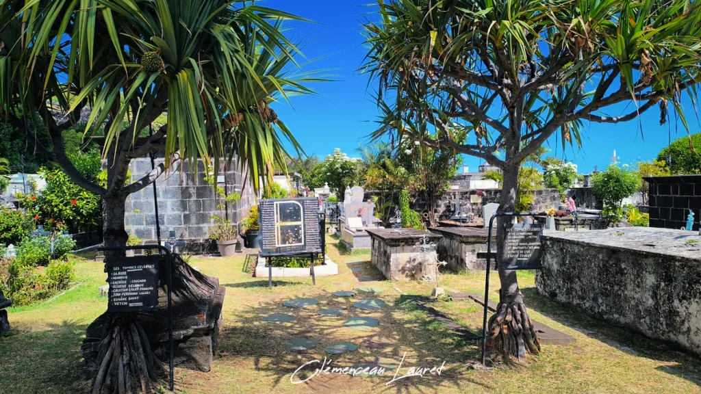 Allée centrale du cimetière marin de Saint-Paul bordée de vacoas et de sépultures historiques.