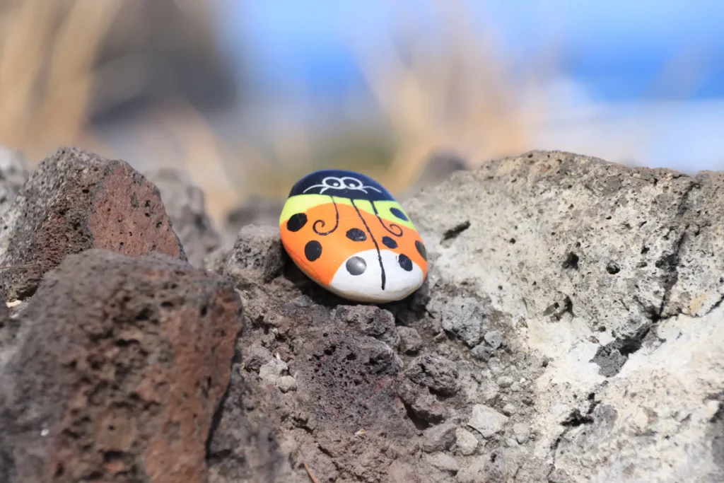 Gros plan rasant sur un galet peint aux motifs de coccinelle multicolore orange, jaune et vert, posé au centre d'un rocher basaltique poreux sous une lumière naturelle vive.