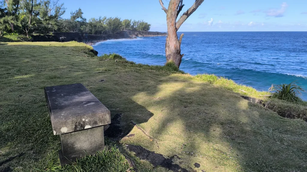 Banc en pierre taillée posé sur une pelouse verte face à la mer
