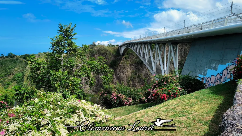 Vue de profil du pont du Bras de la Plaine mettant en valeur ses piliers en V, les remparts de la ravine et un bosquet de bougainvilliers blancs et roses.