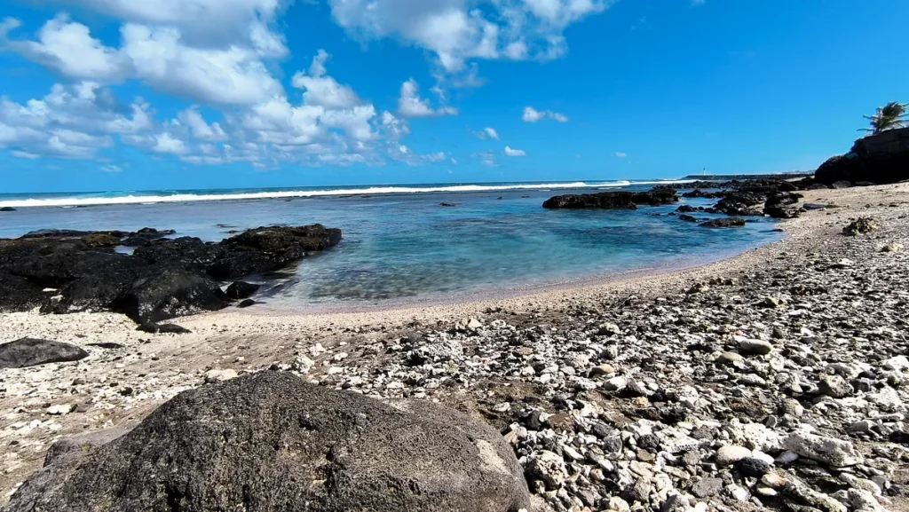 Plage de sable clair parsemée de coraux morts et rochers basaltiques noirs au bord d'une eau turquoise à Terre-Sainte.