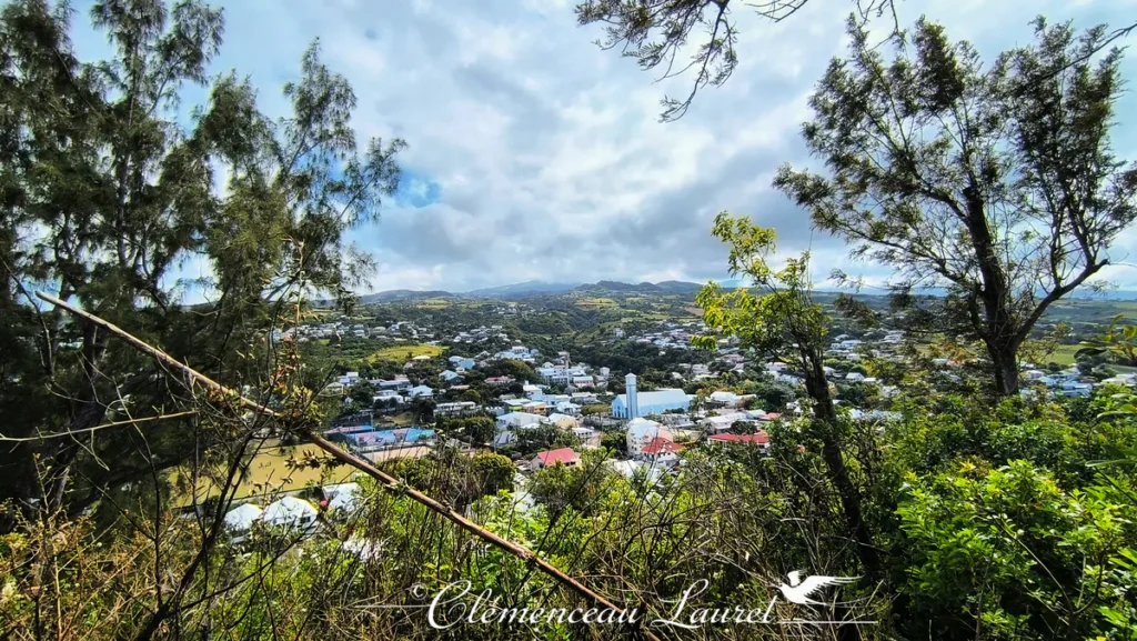 Panorama grand-angle sur le village de Petite-Île à La Réunion, vu à travers une trouée de filaos avec les collines vertes et des nuages moutonnants en arrière-plan.