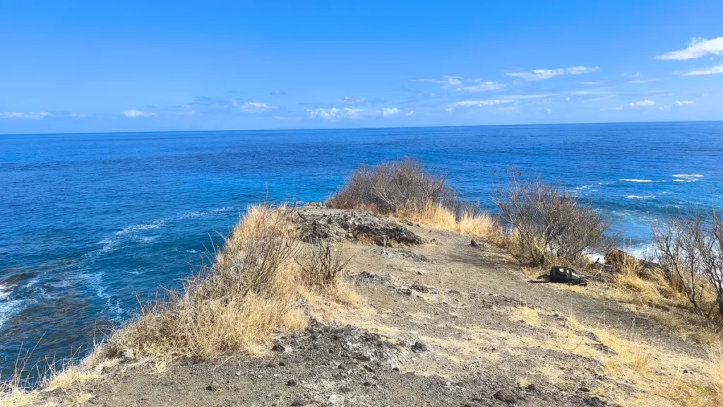 Pointe rocheuse recouverte d'herbes sèches s'avançant vers l'océan Indien turquoise au Cap La Houssaye à Saint-Paul, sous un ciel dégagé avec horizon marin. Photo : Clémenceau Lauret (CC BY-SA 4.0)