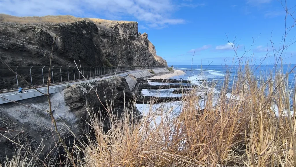 Végétation de savane sèche au premier plan surplombant les rochers volcaniques et la promenade littorale au Cap La Houssaye à Saint-Paul. Photo : Clémenceau Lauret (CC BY-SA 4.0)