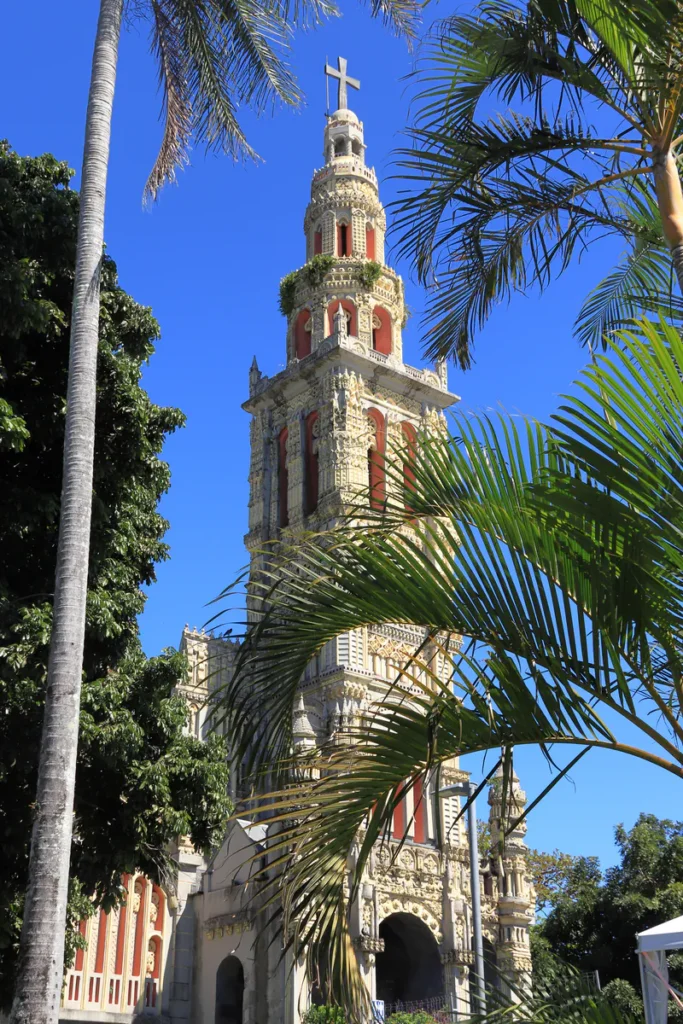 Palmes de palmier au premier plan devant le clocher richement décoré de Sainte-Anne à Saint-Benoît.