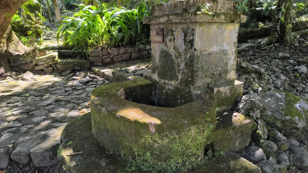 Fontaine ancienne en pierre recouverte de mousse verte avec la plaque Eau Potable à l'Îlet Bethléem à Saint-Benoît.