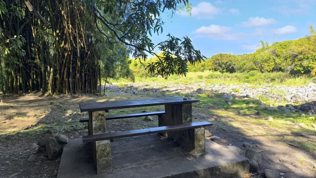Table de pique-nique en béton au bord du lit rocheux de la Rivière des Marsouins à Saint-Benoît