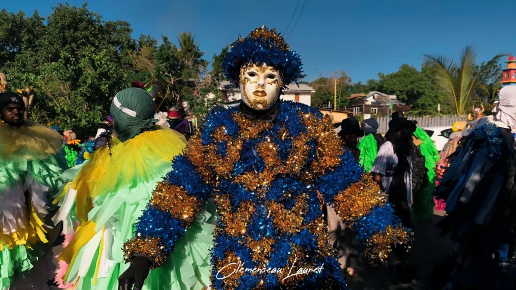 Carnavalier central portant un costume intégral de guirlandes bleues et dorées avec un masque noble, entouré de personnes en tenues vert pomme et jaune.
