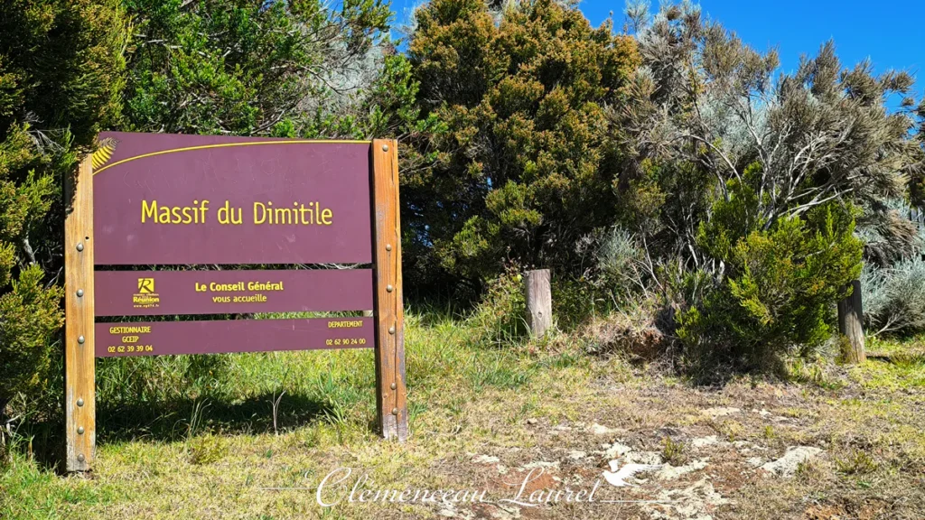 Panneau officiel d'accueil en bois du Conseil Général indiquant l'entrée du Massif du Dimitile bordé de branles verticaux et de végétation indigène d'altitude à l'Entre-Deux, Île de La Réunion — Photo : Clémenceau Lauret (CC BY-SA 4.0).