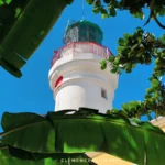 Cadrage original de la haut du Phare de Bel-Air à Sainte-Suzanne, encadré par de grandes feuilles vertes de bananier au premier plan et des branches feuillues. La tour blanche culmine avec sa galerie rouge et sa lanterne verte sur fond de ciel bleu limpide. Photographie prise par Clémenceau Lauret (CC BY-SA 4.0).