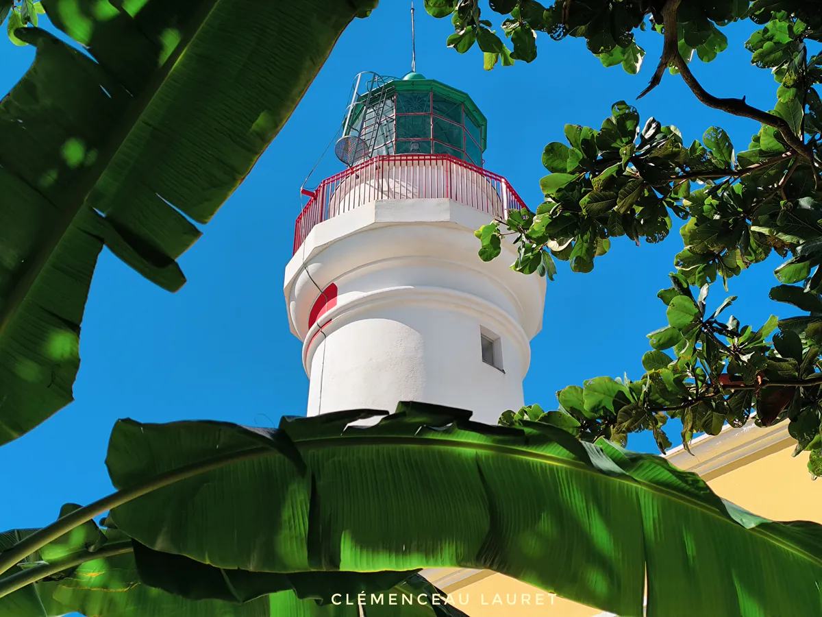 Cadrage original de la haut du Phare de Bel-Air à Sainte-Suzanne, encadré par de grandes feuilles vertes de bananier au premier plan et des branches feuillues. La tour blanche culmine avec sa galerie rouge et sa lanterne verte sur fond de ciel bleu limpide. Photographie prise par Clémenceau Lauret (CC BY-SA 4.0).