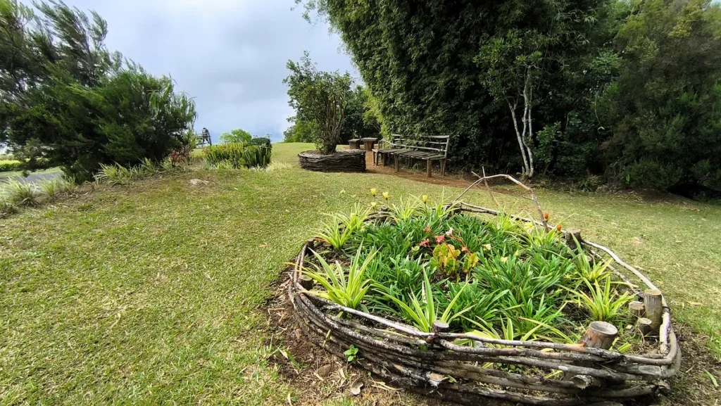 Vue panoramique sur une pelouse verte arborée de l'aire de pique-nique de Piton Fougères à Sainte-Marie, mettant en valeur un parterre de fleurs encerclé de branches tressées au premier plan, avec un banc en bois et des arbres en arrière-plan sous un ciel nuageux — Photo : Clémenceau Lauret (CC BY-SA 4.0).