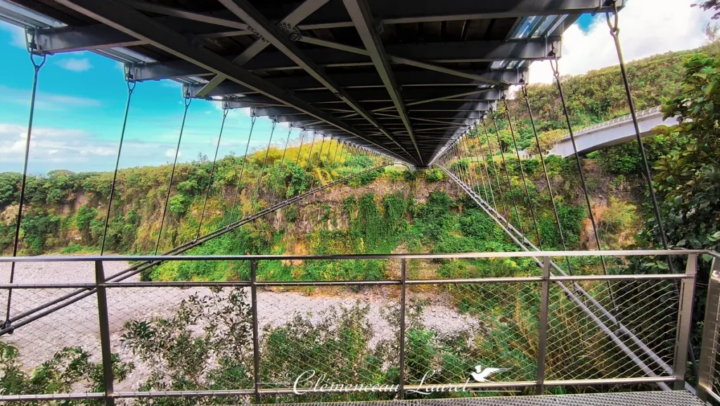 Vue en contre-plongée depuis une passerelle d'observation située sous le tablier métallique du pont suspendu. La structure complexe d'assemblages de poutres métalliques et de tirants en acier s'étend vers l'autre berge recouverte d'une végétation verdoyante et de falaises basaltiques. - Photo : Clémenceau Lauret (Licence CC BY-SA 4.0)