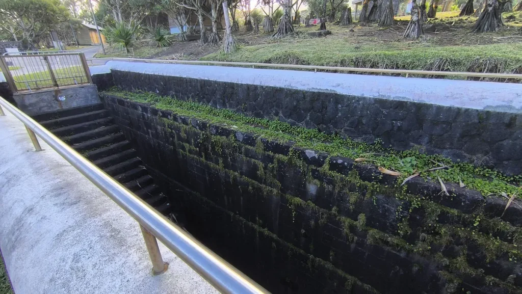 Plan rapproché des escaliers et des parois en maçonnerie de pierre basaltique recouverts de mousse du Puits des Anglais au Baril.