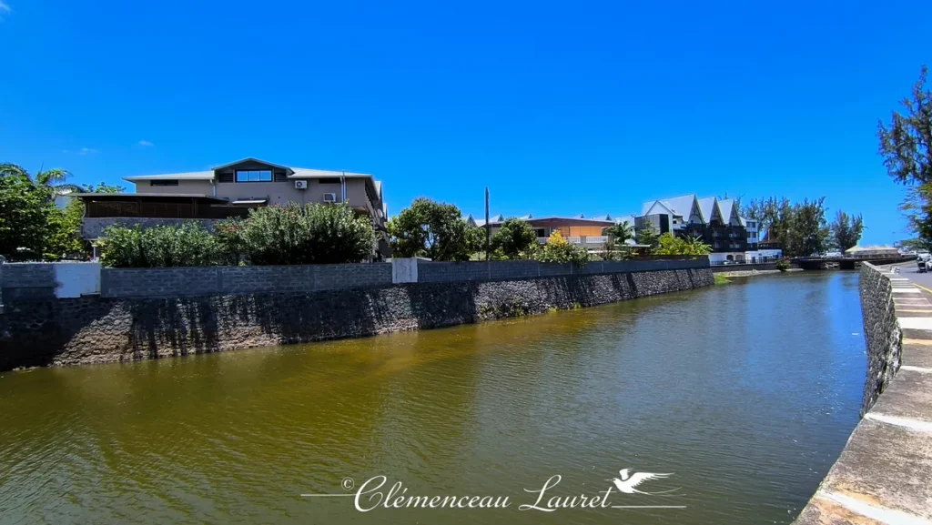 Vue en contre-plongée le long du cours d'eau de la Ravine Grand Étang à Saint-Leu, bordé sur la gauche par un imposant mur en ouvrage de maçonnerie de pierre noire. Des résidences contemporaines aux toitures en tôle grise et des buissons fleuris surplombent la rive. L'eau sombre s'étend vers le fond du paysage où l'on aperçoit l'embouchure ouvrant vers l'océan Indien sous un ciel azur parfaitement limpide. Photo : Clémenceau Lauret à Saint-Leu (Licence CC BY-SA 4.0).