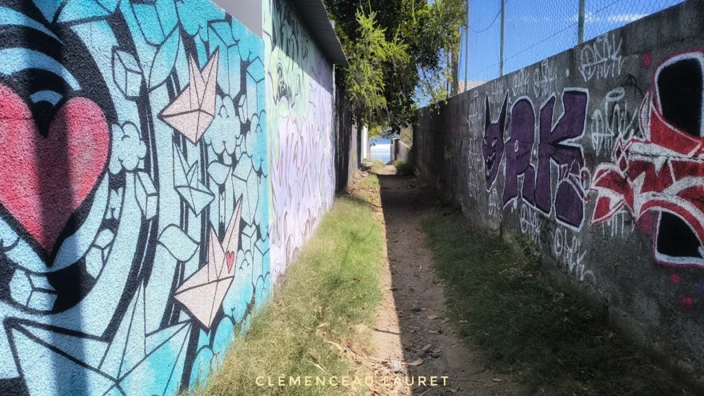 Ruelle étroite recouverte de graffiti colorés menant à la mer à Saint-Gilles-les-Bains sous une vive lumière ensoleillée.