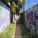 Perspective d'un chemin de terre entouré de fresques murales violettes ouvrant sur l'océan turquoise à Saint-Gilles-les-Bains.
