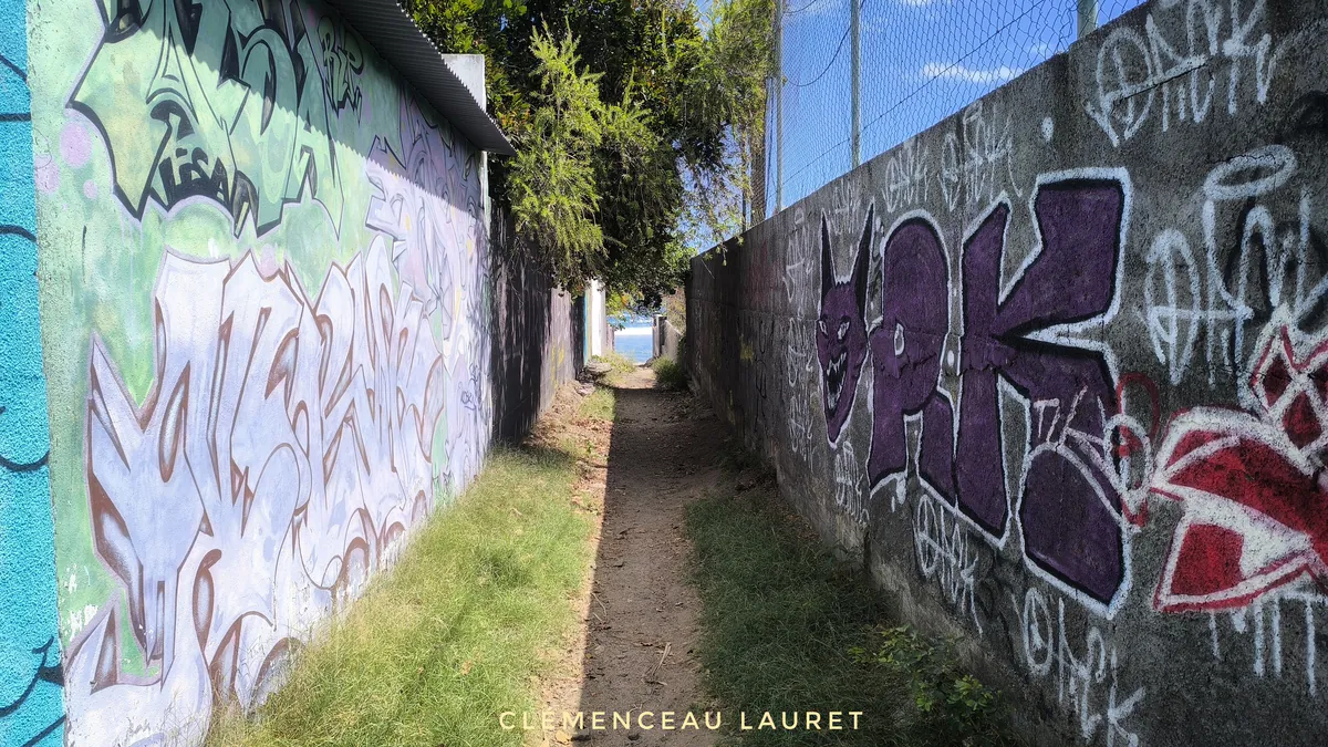 Perspective d'un chemin de terre entouré de fresques murales violettes ouvrant sur l'océan turquoise à Saint-Gilles-les-Bains.