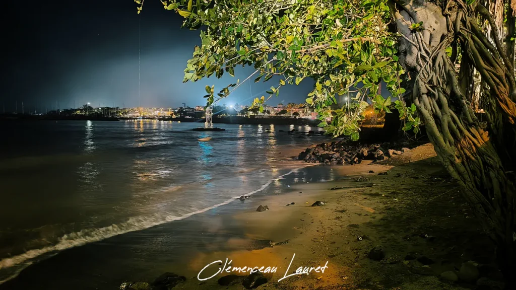 Plage de sable mouillé de nuit avec un banyan éclairé à droite, écume des vagues et lumières de la ville au fond.