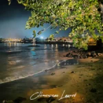 Plage de sable mouillé de nuit avec un banyan éclairé à droite, écume des vagues et lumières de la ville au fond.
