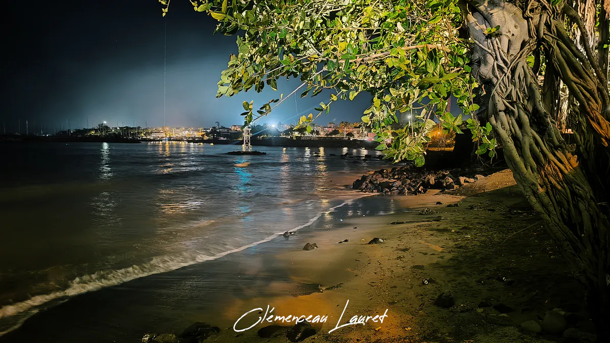 Plage de sable mouillé de nuit avec un banyan éclairé à droite, écume des vagues et lumières de la ville au fond.